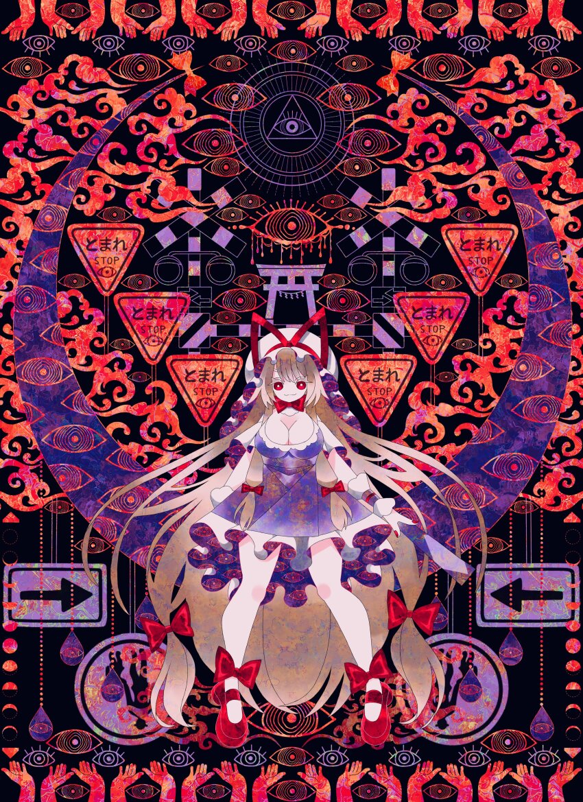 1girl abstract_background absurdres blonde_hair boku_(isizakitakasi) bow breasts commentary_request disembodied_hand dress eye_of_providence eye_symbol gap_(touhou) hat hat_bow hat_ribbon high_heels highres iridescent jewelry large_breasts long_hair mob_cap pendant psychedelic red_clouds red_eyes red_footwear red_ribbon red_theme ribbon road_sign short_dress sign solo stop_sign swept_bangs thighs too_many_eyes touhou very_long_hair yakumo_yukari