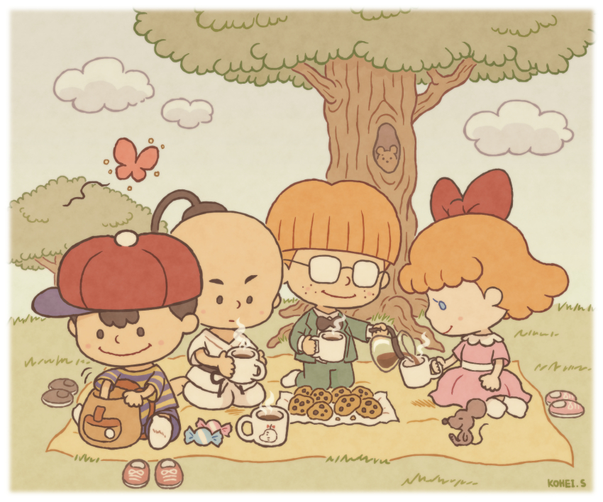 1girl 3boys backpack bag baseball_cap black_bow black_bowtie black_shoes blonde_hair blue_shorts bow bowtie bug butterfly candy cloud coffee_mug cookie cup dougi dress food formal_clothes freckles glasses grass green_suit hair_bow hat highres insect jeff_andonuts karate_gi kohei_s mother_(series) mother_2 mouse_(animal) mug multiple_boys ness_(mother_2) nintendo outdoors paula_(mother_2) peanuts_(comic) picnic pink_dress pink_shoes poo_(mother_2) red_bow red_shoes shirt shoes shorts sky socks squirrel striped_clothes striped_shirt suit tree unworn_shoes white_socks