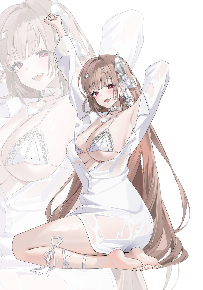 1girl absurdres belt_collar bikini bra collar goddess_of_victory:_nikke heart_collar highres horns lace lace-trimmed_bikini lace_trim official_alternate_costume oversized_clothes oversized_shirt pearl_bikini pink_eyes rinple shirt sitting solo swimsuit underwear viper_(nikke) viper_(shine_of_love)_(nikke) white_background white_bikini white_bra white_collar white_horns