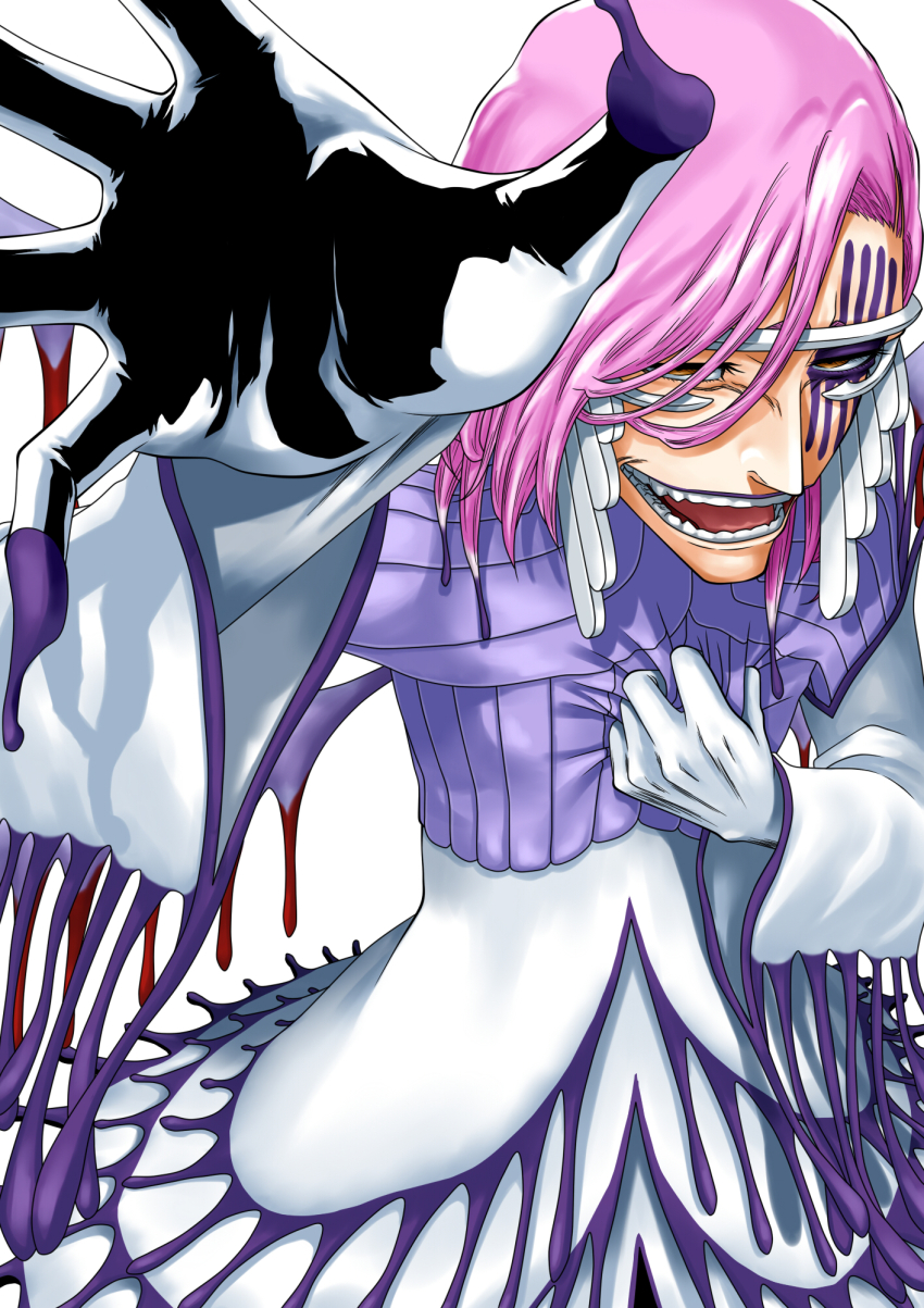 1boy bleach bleachist clenched_hand colored_skin commentary cowboy_shot dress evil_smile eyelashes facial_mark foreshortening highres incoming_attack kubo_tite_(style) long_sleeves looking_at_viewer male_focus medium_hair nose official_alternate_costume official_style open_mouth outstretched_arm outstretched_hand pink_hair purple_lips resurreccion simple_background smile solo straight_hair szayelaporro_granz teeth tsurime white_background white_dress white_skin wide_sleeves yellow_eyes