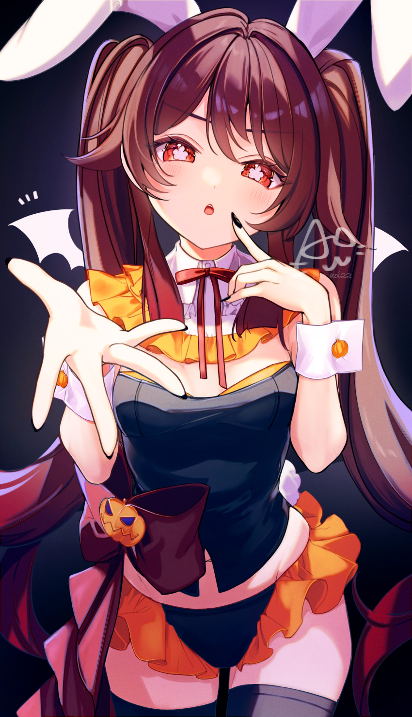 1girl absurdres animal_ears asahi_(vjss4548) breasts brown_hair cleavage flower-shaped_pupils genshin_impact highres hu_tao_(genshin_impact) looking_at_viewer rabbit_ears red_eyes solo symbol-shaped_pupils