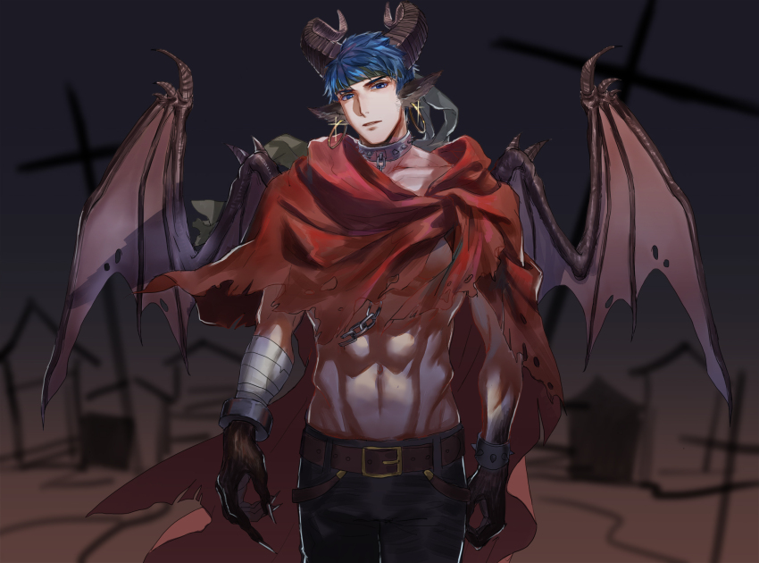 1boy abs alternate_species animal_ears belt black_pants blue_eyes blue_hair bracelet chain chain_leash claws collar demon_boy earrings fire_emblem fire_emblem:_radiant_dawn green_headband headband highres hoop_earrings horns ike_(fire_emblem) jewelry leash male_focus metal_collar nintendo novice_(o_novice) pants parted_lips short_hair solo spiked_collar spikes toned toned_male wings