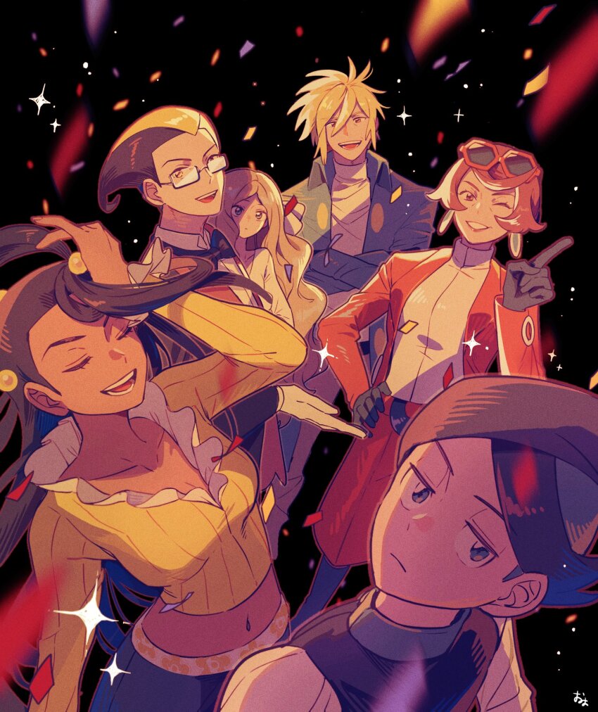 3boys 3girls :d argenta_(pokemon) arm_up blonde_hair blue_pants caitlin_(pokemon) closed_eyes closed_mouth commentary_request confetti dahlia_(pokemon) darach_(pokemon) eyewear_on_head frills glasses gloves grin hand_on_own_hip hand_up highres index_finger_raised long_hair multicolored_hair multiple_boys multiple_girls navel nintendo omyo_(myomyomyo22) one_eye_closed open_mouth palmer_(pokemon) pants parted_bangs pokemon pokemon_dppt pokemon_platinum shirt smile sparkle sunglasses teeth thorton_(pokemon) two-tone_hair upper_teeth_only vest yellow_shirt