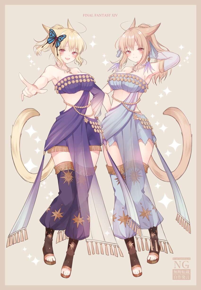2girls absurdres animal_ears ayamisiro bandeau bare_arms bare_shoulders blonde_hair blue_bandeau brown_hair butterfly_hair_ornament cat_ears cat_girl cat_tail copyright_name dancer_(final_fantasy) detached_sleeves earrings facial_mark final_fantasy final_fantasy_xiv hair_ornament hair_ribbon highres jewelry looking_at_viewer miqo&#039;te multiple_girls necklace open-toe_shoes ponytail purple_bandeau purple_shorts red_eyes ribbon shorts single_detached_sleeve tail thighhighs warrior_of_light_(ff14) whisker_markings