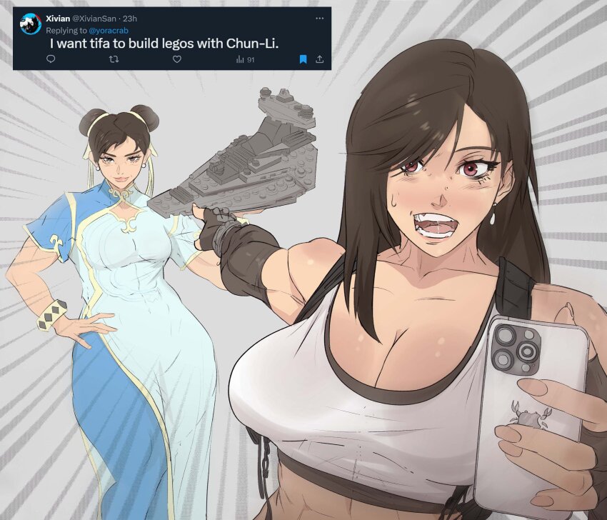 2girls :o abs absurdres black_gloves black_hair body_blush bracelet breasts brown_hair capcom cellphone china_dress chinese_clothes chun-li cleavage collarbone covered_abs crop_top crossover dress english_text female_focus final_fantasy final_fantasy_vii fingerless_gloves gloves grey_background hair_bun hand_on_own_hip highres holding holding_phone jewelry large_breasts lego linea_alba logo_parody long_hair looking_at_viewer meme midriff multiple_girls muscular muscular_female open_mouth phone pointing pointing_at_another red_eyes screenshot_inset shirt smartphone smile standing star_destroyer star_wars street_fighter suspenders swept_bangs tank_top tifa_lockhart tweet twitter two_soyjaks_pointing_(meme) white_shirt white_tank_top yoracrab