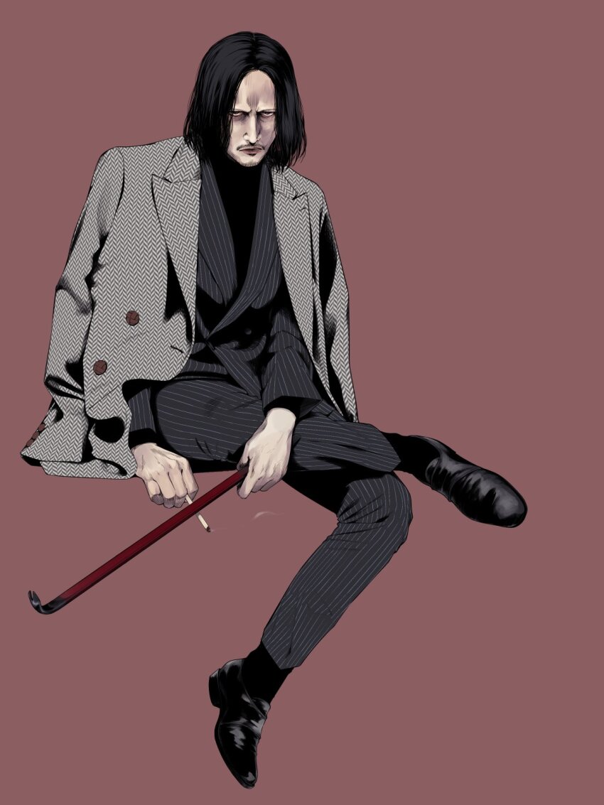 1boy black_hair cigarette commentary_request crossed_legs crowbar dress_shoes facial_hair formal_clothes full_body highres holding holding_cigarette holding_crowbar jacket jacket_on_shoulders lkhkmpmp8 looking_at_viewer male_focus ryuu_ga_gotoku_(series) ryuu_ga_gotoku_8 simple_background sitting solo stubble suit yamai_yutaka