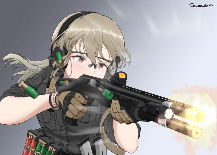 1girl absurdres benelli_m1 blonde_hair casing_ejection ear_protection eotech firing flashlight gun highres holding holding_gun holding_weapon long_hair muzzle_flash original red_eyes safety_glasses savankov shell_casing shotgun shotgun_shell signature sleeves_rolled_up solo upper_body weapon