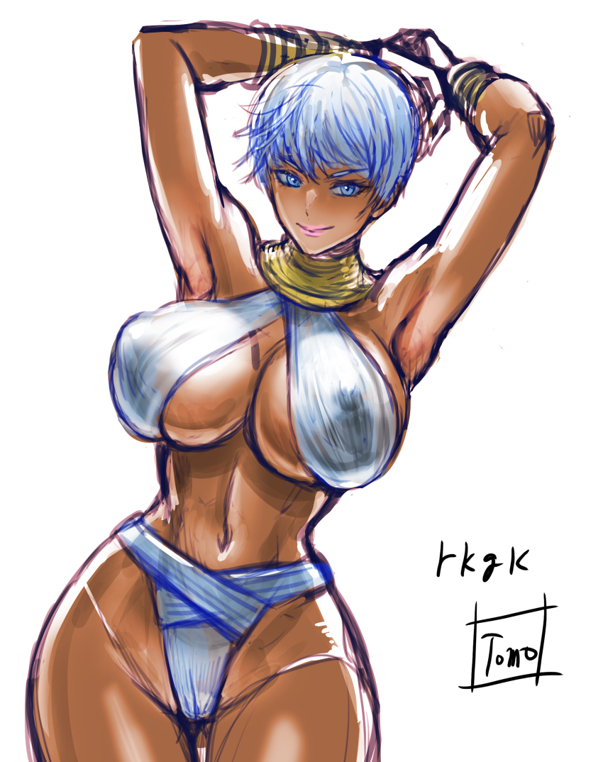 1girl armpits arms_behind_head artist_name blue_eyes breasts cameltoe capcom cleavage covered_erect_nipples dark-skinned_female dark_skin elena_(street_fighter) highres large_breasts legs pink_lips seductive_gaze seductive_smile short_hair sideboob smile solo street_fighter thighs tomo_eokaiteru toned underboob white_hair wide_hips