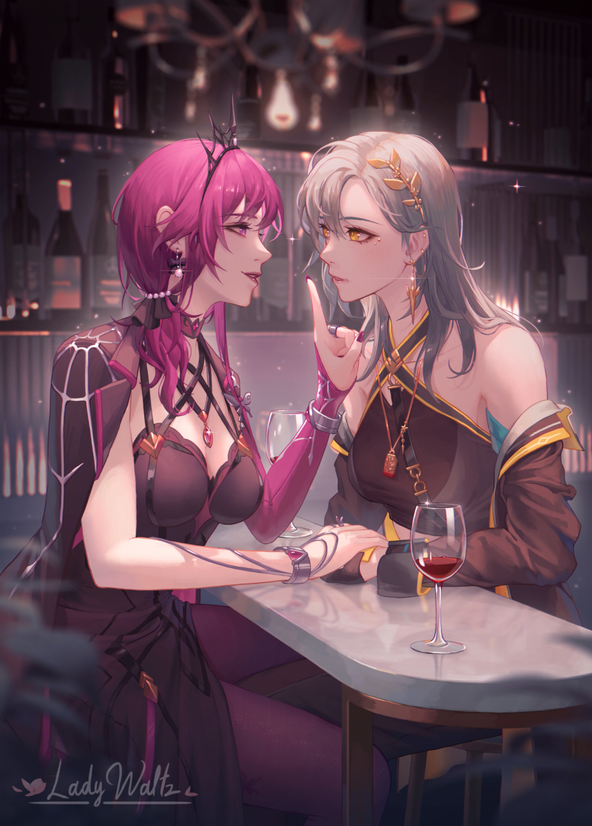 2girls alcohol blush bottle breasts cup drinking_glass earrings gloves grey_hair hand_on_another&#039;s_hand highres honkai:_star_rail honkai_(series) jewelry kafka_(honkai:_star_rail) ladywaltz long_hair medium_breasts multiple_girls parted_lips purple_eyes purple_hair sitting stelle_(honkai:_star_rail) trailblazer_(honkai:_star_rail) wine wine_bottle wine_glass yellow_eyes yuri