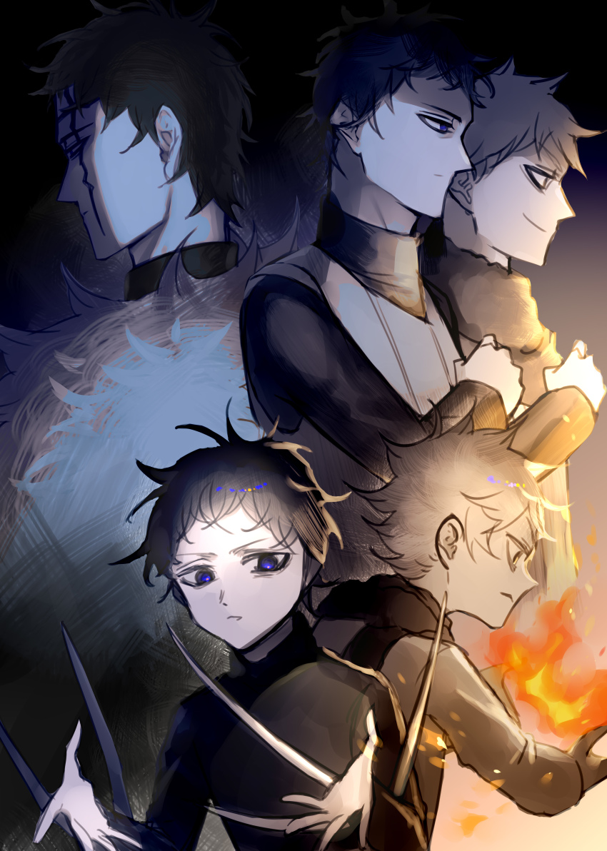 2boys absurdres aged_down allen_fiarain back-to-back black_clover black_hair black_shirt blonde_hair bone coat collage facial_hair fire frit_2 fur_coat grey_hair high_collar highres looking_ahead looking_at_hand looking_at_viewer looking_away magic male_focus messy_hair multiple_boys multiple_views pyrokinesis salute scarf serious shirt short_hair side-by-side smile spikes upper_body vest zenon_zogratis