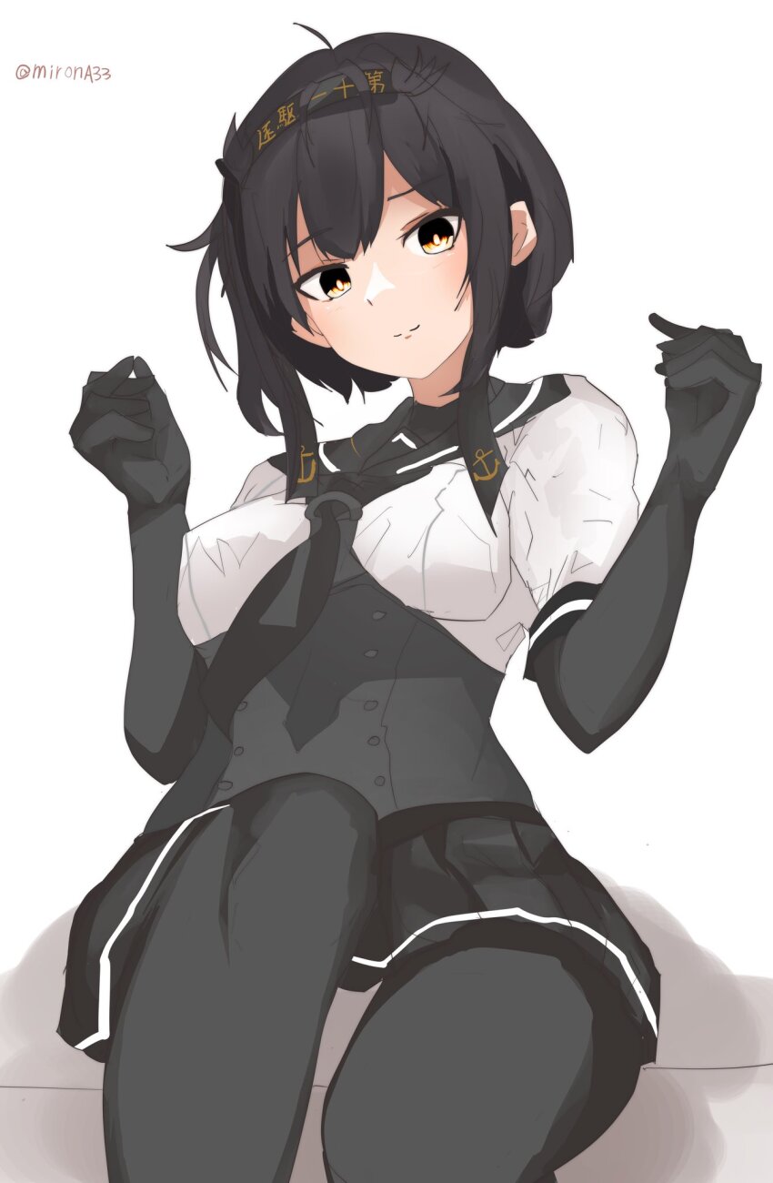 1girl anchor_symbol black_bodysuit black_neckerchief black_sailor_collar blush bodysuit breasts brown_hair clothes_writing corset gloves grey_background hachimaki hair_flaps hairband hatsuzuki_(kancolle) headband highres kantai_collection long_hair looking_at_viewer miron_(mirona33) neckerchief pleated_skirt sailor_collar school_uniform serafuku shadow short_hair sitting skirt small_breasts solo twitter_username yellow_eyes