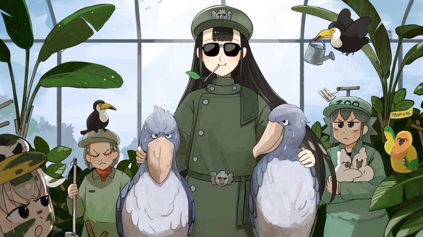 4girls :o absurdres animal animal_on_head aqua_hair aqua_hat aqua_headwear aqua_shirt beak_hold bird bird_on_head black_hair closed_eyes cockatoo commentary diva_(hyxpk) donut_stamp duck english_commentary green_jacket green_shirt grey_hair hat highres jacket long_hair mouth_hold multiple_girls nose_bubble on_head parrot parrot_keeper_(diva) penguin_hat penguin_keeper_(diva) plant shirt shoebill shoebill_keeper_(diva) short_hair sleeping sleeping_upright slice_of_life smile stalk_in_mouth sunglasses toucan toucan_keeper_(diva) watering_can zoo zookeeper zookeepers_(diva)
