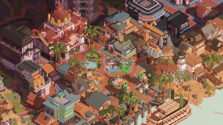 absurdly_detailed_composition aircraft architecture arena block_(minecraft) boat building commentary dirigible dock english_commentary from_above highres in-universe_location isometric kt_(swiftlyswan) mc_championship mcc_island minecraft minecraft_youtube no_humans official_style palm_tree tree water watercraft