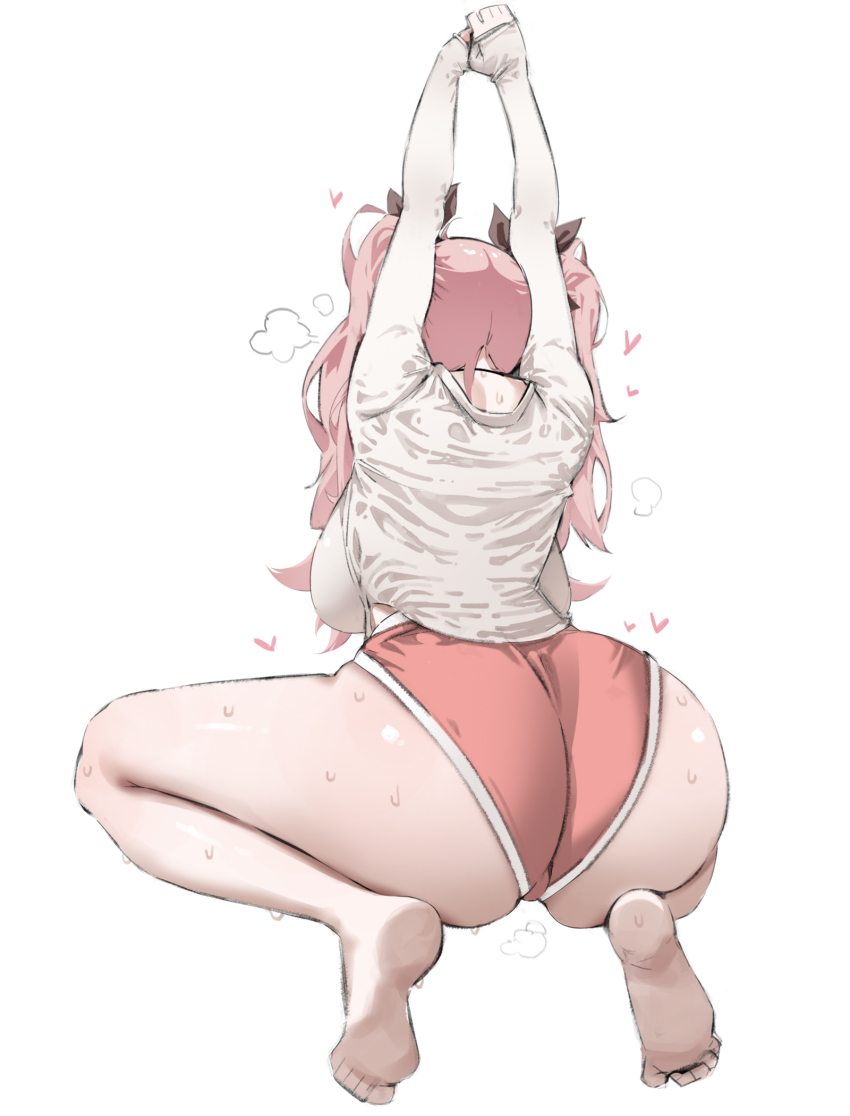 1girl arms_up ass bare_legs barefoot black_ribbon breasts commentary_request facing_away from_behind hair_ribbon heart highres huge_ass large_breasts long_hair long_sleeves nicole_demara outstretched_arms own_hands_together pink_hair pink_shorts ribbon shirt short_shorts shorts simple_background sleeves_past_wrists soles solo squatting steaming_body stretching sweat tiptoes trefoil tuubwhy twintails white_background white_shirt zenless_zone_zero