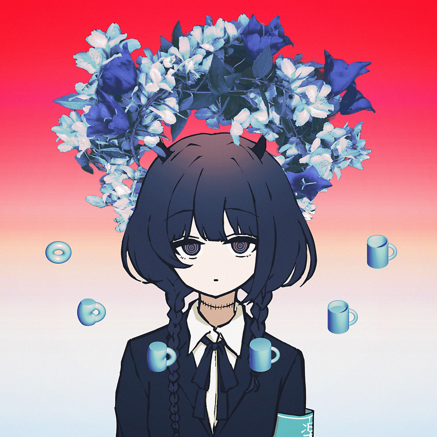 1girl armband black_eyes black_hair black_jacket black_ribbon blazer blue_armband braid collared_shirt cup expressionless flower_wreath gradient_background hair_over_shoulder highres horns indie_virtual_youtuber jacket long_hair looking_at_viewer low_twin_braids mug nkymyura parted_lips photo_inset red_background ribbon ringed_eyes school_uniform sequential shirt solo stitched_neck stitches twin_braids upper_body virtual_youtuber white_background white_shirt yamata_ia