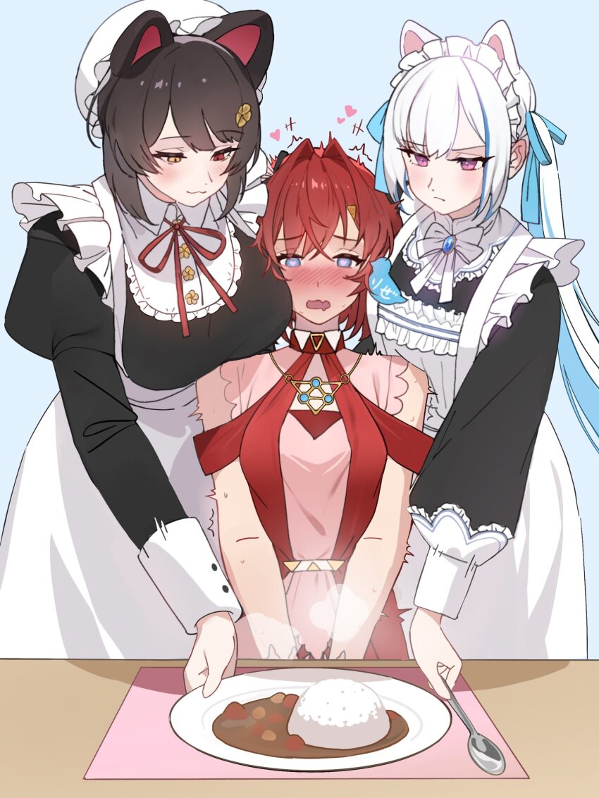 3girls ange_katrina animal_ears apron black_dress blue_eyes blue_hair blush breasts brown_hair cheek-to-breast closed_mouth dog_ears dress extra_ears flat_chest food girl_sandwich hair_intakes hair_ribbon heart heart-shaped_pupils heterochromia highres inui_toko kamitoge_supino large_breasts lize_helesta lize_helesta_(9th_costume) long_hair long_sleeves maid multiple_girls neck_ribbon nijisanji open_mouth plate puffy_long_sleeves puffy_sleeves purple_eyes red_dress red_eyes red_hair ribbon rice sandwiched short_hair simple_background small_breasts spoon symbol-shaped_pupils twintails very_long_hair virtual_youtuber white_apron white_hair yellow_eyes