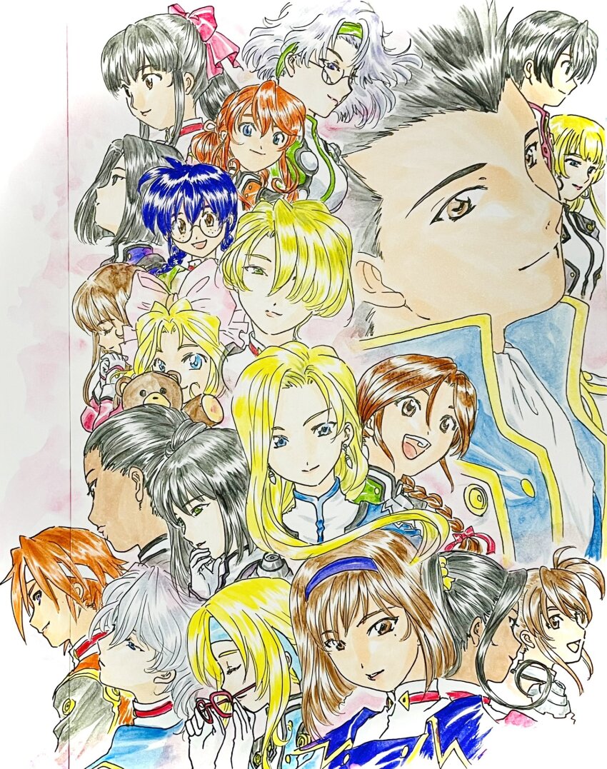 2boys 6+girls black_hair blonde_hair blue_eyes blue_hair bow braid brown_eyes brown_hair closed_eyes coquelicot_(sakura_taisen) dark-skinned_female dark_skin diana_caprice erica_fontaine fingerless_gloves gemini_sunrise glasses gloves glycine_bleumer green_eyes grey_eyes grey_hair hair_ribbon happy headband highres iris_chateaubriand kanzaki_sumire kirishima_kanna kitaooji_hanabi lobelia_carlini looking_at_viewer maria_tachibana military_uniform multiple_boys multiple_girls oogami_ichirou open_mouth orange_hair own_hands_together ponytail praying purple_eyes ratchet_altair red_bow red_hair reni_milchstrasse ri_kouran ribbon rikaritta_aries sagitta_weinberg sakura_taisen sega shinguuji_sakura short_hair soletta_orihime taiga_shinjirou traditional_media twin_braids