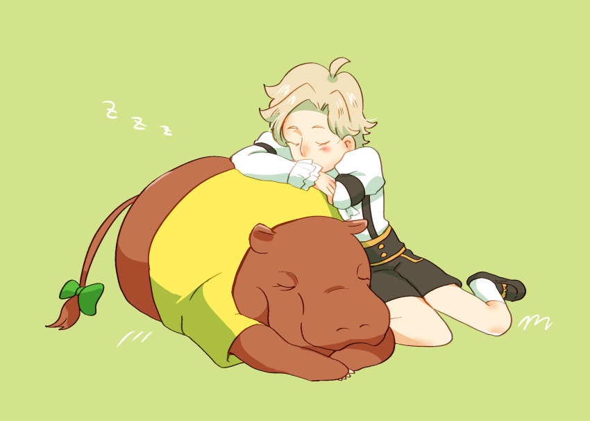 1boy animal antonin_dvorak_(classicaloid) black_shoes black_shorts blush bow brown_hair classicaloid closed_eyes clothed_animal commentary_request green_background highres hippopotamus koko_a_tarutarusousu leaning_on_animal male_focus richard_wagner_(classicaloid) shirt shoes short_hair shorts simple_background sleeping socks suspenders tail tail_bow tail_ornament white_shirt white_socks zzz