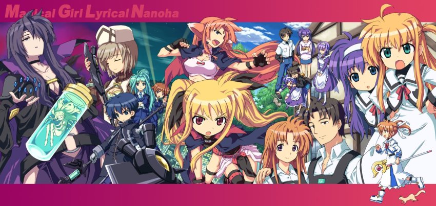 00s 3boys 6+girls alicia_testarossa amy_limietta animal_ears arf arisa_bunnings arm_belt bardiche_(device_form)_(nanoha) bardiche_(nanoha) belt black_hair blonde_hair blue_eyes blue_hair bow breasts brown_eyes brown_hair cape casual cat chrono_harlaown cleavage closed_eyes dress everyone facial_mark familiar farin_k._ehrlichkeit fate_testarossa fate_testarossa_(original_form) ferret fingerless_gloves forehead_jewel forehead_mark gauntlets gloves green_eyes green_hair hat lindy_harlaown long_hair lyrical_nanoha magical_boy magical_girl mahou_shoujo_lyrical_nanoha maid military military_uniform multiple_boys multiple_girls noel_k._ehrlichkeit open_mouth pera ponytail presea_testarossa purple_eyes purple_hair raising_heart raising_heart_(device_mode) red_bow red_eyes red_hair running rynith s2u school_uniform short_hair siblings sisters staff takamachi_family takamachi_kyouya takamachi_miyuki takamachi_momoko takamachi_nanoha takamachi_nanoha_(original_mode) takamachi_shirou thighhighs tsukimura_shinobu tsukimura_suzuka twintails wolf_ears yuuno_scrya