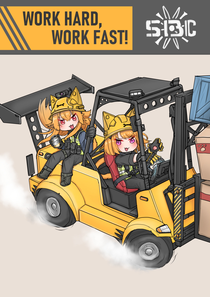 absurdres animal_ears animal_ears_helmet animal_helmet black_footwear black_gloves black_pants blush can cat_ears cat_girl chibi commentary crate driving english_commentary english_text forklift full_body gloves hard_hat helmet highres holding holding_can long_hair long_sleeves looking_at_viewer motor_vehicle open_mouth orange_hair original pants purple_eyes red_eyes sitting smoke smoke_trail smug spoiler_(automobile) srtdrawart unused_tire