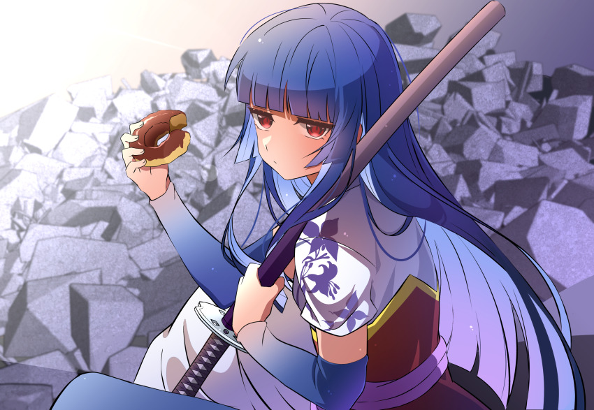 1girl absurdres armband bad_id bad_pixiv_id blue_hair blunt_bangs bouquetforangel dark_blue_hair donut floral_print food gintama highres holding holding_sword holding_weapon imai_nobume long_hair looking_at_viewer red_eyes rubble sheath sheathed short_sleeves sitting solo sword weapon