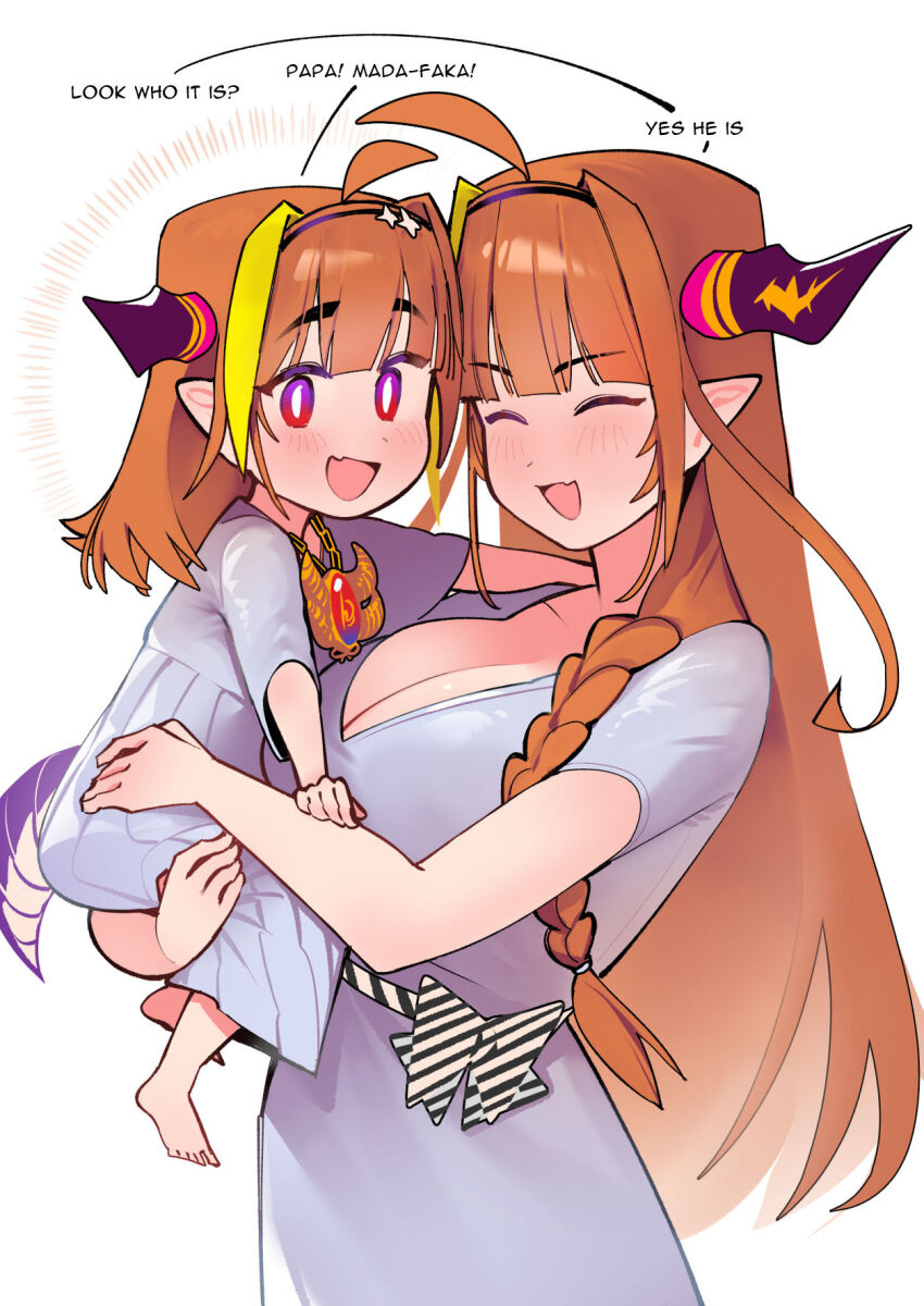 2girls :d ^_^ ahoge bare_arms barefoot blunt_bangs braid breasts carrying carrying_person cleavage closed_eyes commentary dismassd dragon_girl dragon_tail dress english_text fang hair_over_shoulder hairband highres hololive horns jewelry kiryu_coco large_breasts light_blush long_hair looking_at_viewer mother_and_daughter multiple_girls necklace open_mouth orange_hair pointy_ears profanity pun red_eyes short_sleeves side_braid simple_background single_braid skin_fang smile tail very_long_hair virtual_youtuber white_background white_dress