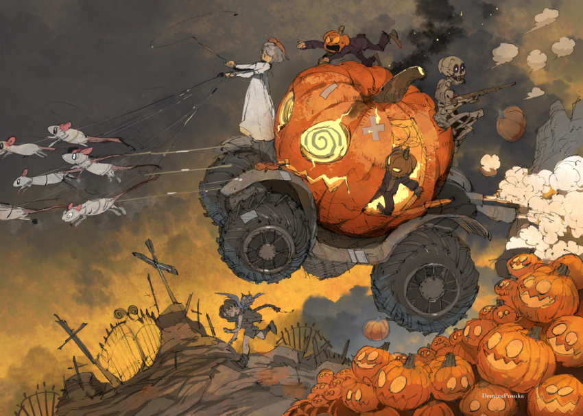 2boys 2girls artist_name carriage commentary cross demizu_posuka gun halloween holding holding_gun holding_weapon jack-o&#039;-lantern mouse_(animal) multiple_boys multiple_girls original pumpkin pumpkin_mask skeleton weapon
