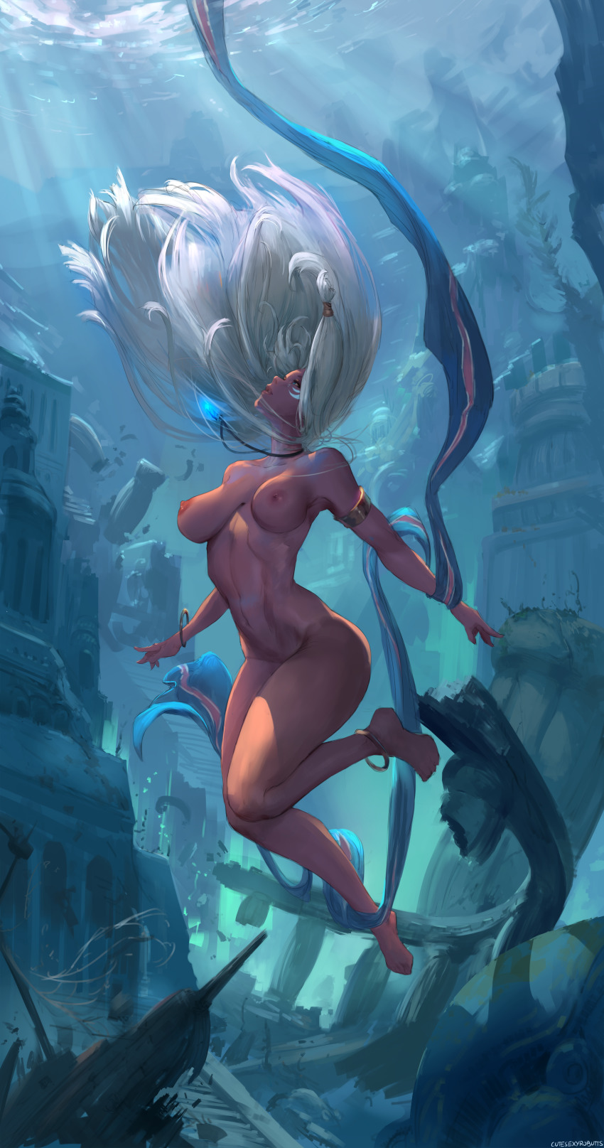 1girl absurdres atlantean atlantis atlantis:_the_lost_empire atlantis_(mythology) breasts cutesexyrobutts highres jewelry kidagakash long_hair necklace nipples nude ruins very_long_hair white_hair