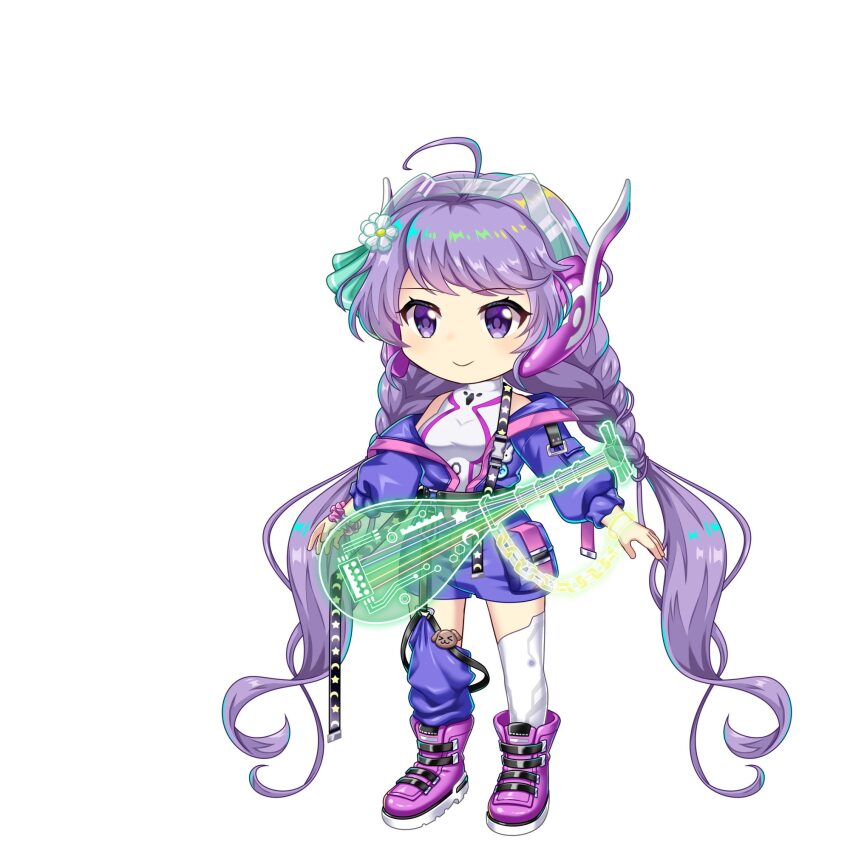 1girl a-pose alternate_costume alternate_hairstyle asymmetrical_legwear biwa_lute boots braid breasts chain chibi closed_mouth clothing_request crescent flower full_body game_cg hair_flower hair_ornament headphones highres instrument jacket long_hair long_sleeves lute_(instrument) mismatched_legwear official_art open_clothes open_jacket purple_boots purple_eyes purple_hair purple_jacket purple_shorts rotte_(1109) science_fiction scrunchie shorts smile solo speaker sprite star_(symbol) thighhighs third-party_source touhou touhou_lostword transparent_background tsukumo_benben tsukumo_benben_(device_driver_big_sis) twin_braids twintails very_long_hair white_flower white_thighhighs wrist_scrunchie