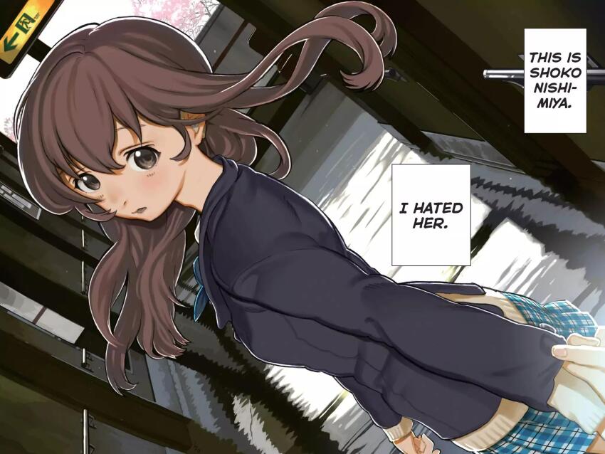 1girl blazer breasts brown_eyes brown_hair cherry_blossoms deaf dutch_angle emergency_exit english_text exit_sign floating_hair hallway hard-translated hearing_aid highres ishida_shouya jacket koe_no_katachi long_hair looking_at_viewer looking_back nishimiya_shouko non-web_source official_art ooima_yoshitoki plaid_clothes plaid_skirt pov school school_uniform skirt small_breasts solo_focus third-party_edit window