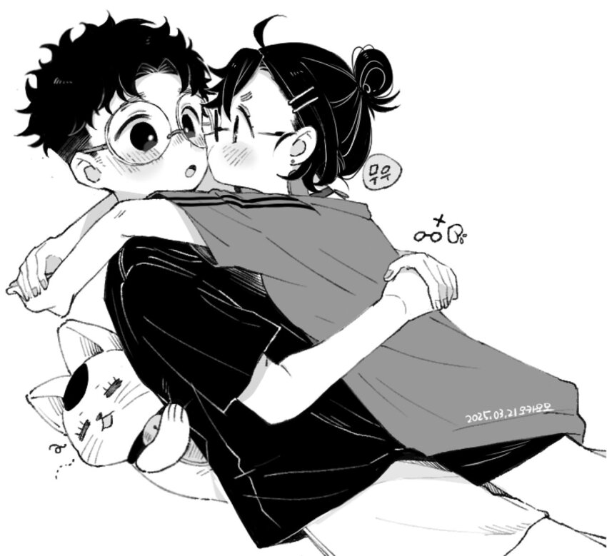 1boy 1girl arms_around_neck artist_name ayase_momo black_hair black_shirt black_shorts blush breasts cat comimingming couple dandadan dated earrings furrowed_brow hair_bun hair_ornament hairclip hetero hug jewelry kiss kissing_cheek medium_breasts nose_blush parted_bangs round_eyewear shirt short_hair shorts t-shirt takakura_ken_(dandadan) turbo_granny_(dandandan) upper_body white_background