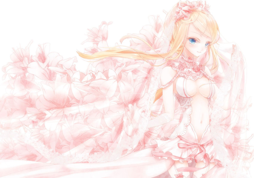 1girl 218 bare_shoulders blonde_hair blue_eyes center_opening dress female_focus flower garter_straps hair_flower hair_ornament long_hair navel original solo thigh_gap wedding wedding_dress
