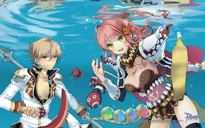 1boy 1girl arai_12 armor bikini bikini_top_only black_coat blush breasts brown_bikini brown_hair brown_skirt bubble closed_mouth coat copyright_notice cowboy_shot cross cross_necklace fish_hair_ornament flask genetic_(ragnarok_online) gloom_(expression) gold_trim green_eyes guest_art hair_ornament high_priest_(ragnarok_online) highres holding holding_breath holding_staff jewelry large_breasts living_clothes logo long_hair long_sleeves looking_at_viewer miniskirt multicolored_coat necklace octopus official_art official_wallpaper open_mouth pauldrons pink_hair purple_eyes ragnarok_online red_coat ripples round-bottom_flask short_hair shoulder_armor skirt smile staff swimsuit teeth two-tone_coat underwater vambraces water wavy_mouth white_coat