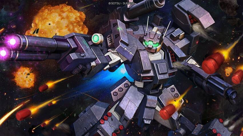 aiming assault_visor asteroid battle beam_cannon contrail copyright_notice energy energy_beam explosion firing glowing gm_iii_powered_full_armor green_visor gundam gundam_battle_operation_2 highres itano_circus machinery mecha mecha_focus missile missile_pod mobile_suit no_humans official_art painting_(medium) radio_antenna realistic robot scan science_fiction scope shield solo space star_(sky) sunrise_(company) tenjin_hidetaka thrusters traditional_media zero_gravity