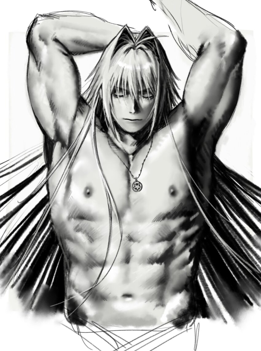 1boy closed_eyes closed_mouth hair_ears hair_intakes highres jewelry long_hair male_focus meisharan muscular navel necklace nipples nostrils original pectorals solo valentine_(meisharan) white_background