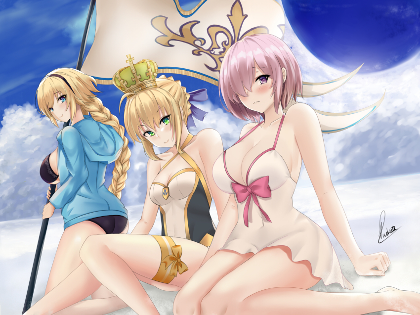 3girls ahoge artoria_pendragon_(fate) artoria_pendragon_(swimsuit_archer)_(fate) artoria_pendragon_(swimsuit_archer)_(third_ascension)_(fate) bare_shoulders bikini black_bikini black_hairband blonde_hair blue_eyes blue_jacket blue_ribbon blush bow braid breasts cleavage closed_mouth collarbone covered_navel crown dress_swimsuit fate/grand_order fate_(series) flag french_braid green_crown green_eyes grey_one-piece_swimsuit hair_bun hair_over_one_eye hair_ribbon hairband highres hip_focus hood hooded_jacket jacket jeanne_d&#039;arc_(fate) jeanne_d&#039;arc_(ruler)_(fate) jeanne_d&#039;arc_(swimsuit_archer)_(fate) jeanne_d&#039;arc_(swimsuit_archer)_(first_ascension)_(fate) large_breasts legs light_purple_hair long_hair looking_at_viewer mash_kyrielight mash_kyrielight_(swimsuit_of_perpetual_summer) multiple_girls official_alternate_costume one-piece_swimsuit open_clothes open_jacket pink_bow piukute062 purple_eyes ribbon short_hair single_braid single_hair_bun small_breasts smile swimsuit thigh_strap thighs two-tone_swimsuit very_long_hair white_one-piece_swimsuit