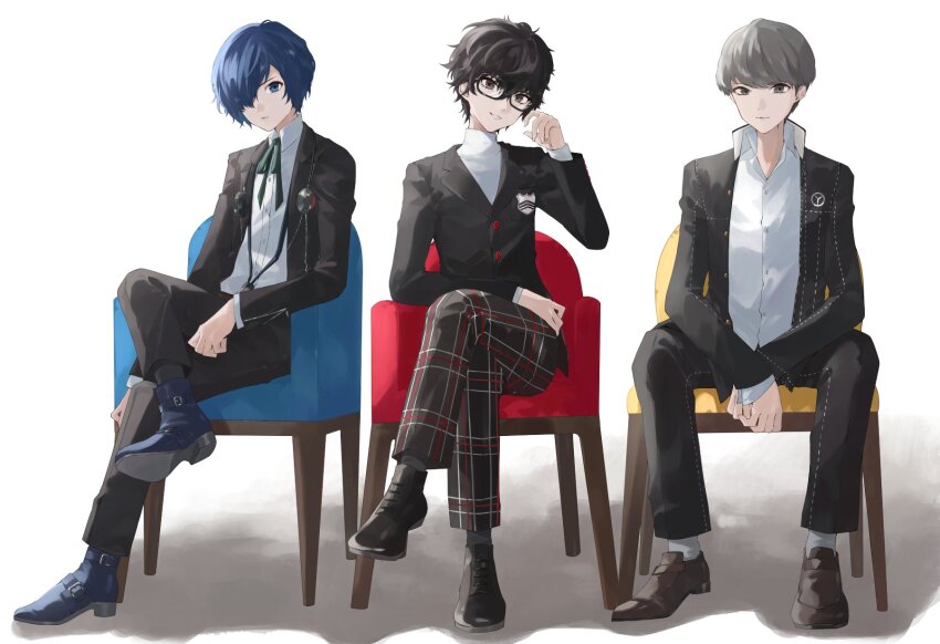 3boys amamiya_ren black_footwear black_hair black_jacket black_pants blue_eyes blue_hair closed_mouth collared_shirt commentary_request crossed_legs digital_media_player earphones_removed full_body gekkoukan_high_school_uniform glasses grey_hair hair_over_one_eye highres jacket konchi_(63438789) long_sleeves looking_at_viewer male_focus messy_hair multiple_boys narukami_yu neck_ribbon open_clothes open_jacket pants parted_lips persona persona_3 persona_4 persona_5 ribbon school_uniform shirt short_hair shuujin_academy_school_uniform sitting socks sweater turtleneck turtleneck_sweater white_shirt white_socks white_sweater yasogami_school_uniform yuuki_makoto_(persona_3)