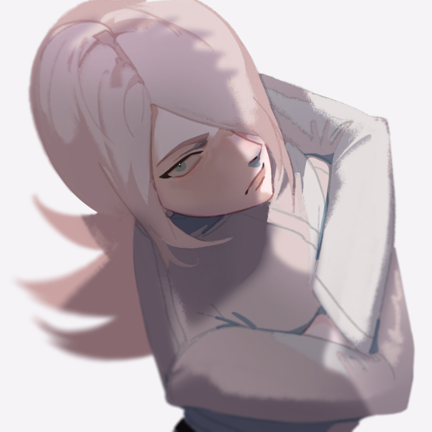 1boy asymmetrical_bangs blonde_hair blue_eyes closed_mouth commentary crossed_arms hair_over_one_eye hexermer highres jacket long_hair long_sleeves looking_at_viewer male_focus one_eye_covered saiki_(kof) simple_background the_king_of_fighters the_king_of_fighters_xiii upper_body white_background white_jacket white_theme