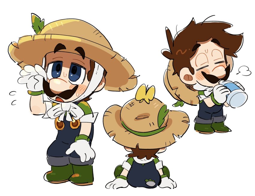 1boy blue_eyes blue_overalls boots bottle brown_hair bug butterfly closed_eyes exhausted facial_hair farmer full_body gloves green_shirt hat highres holding holding_bottle insect luigi mario_(series) mimimi_(mimimim9999) mustache nintendo open_mouth overalls ribbon shirt short_hair simple_background sitting straw_hat sweat water_bottle white_background white_gloves