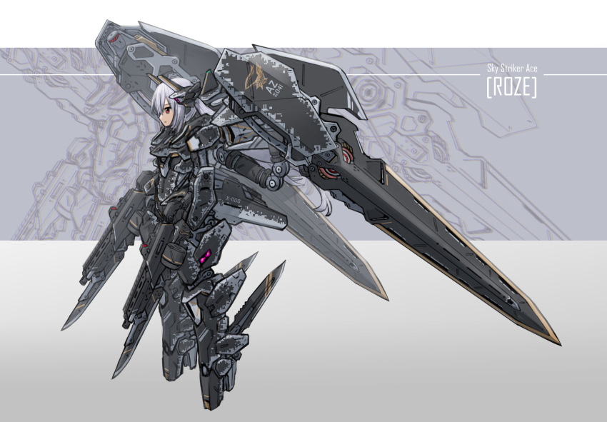 1girl armor armored_boots boots camouflage character_name digital_camouflage duel_monster grey_hair gunblade hair_ornament highres long_hair maxilax mecha mechanical_wings power_suit red_eyes robot science_fiction sky_striker_ace_-_roze standing visor_lift weapon wings yu-gi-oh! zoom_layer