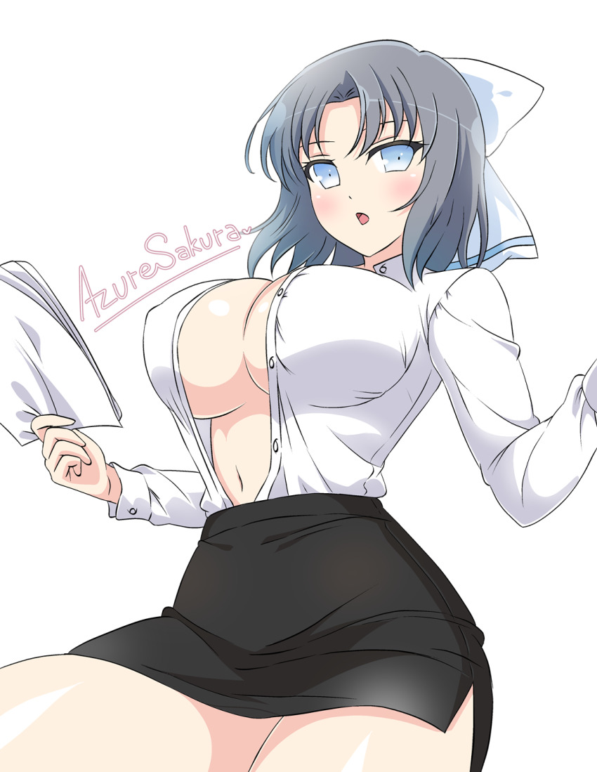 1girl azuresakura bed_sheet blue_eyes blush bow breasts grey_hair hair_bow hair_ornament highres holding holding_sheet large_breasts long_sleeves looking_at_viewer navel office_lady open_clothes open_mouth open_shirt pencil_skirt senran_kagura shirt simple_background skirt smile solo white_background white_shirt yumi_(senran_kagura)