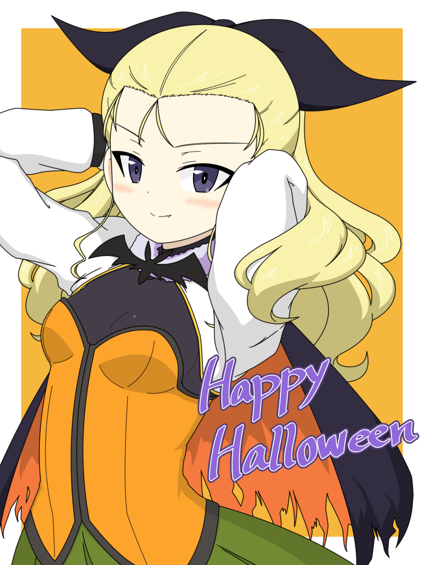1girl assam_(girls_und_panzer) bat_brooch black_cape black_ribbon black_shirt blonde_hair blue_eyes cape closed_mouth commentary english_text fang girls_und_panzer green_skirt hair_pulled_back hair_ribbon halloween halloween_costume hands_in_hair happy_halloween highres ichinose_jun long_hair looking_at_viewer orange_background orange_cape orange_vest ribbon shirt shrug_(clothing) skirt smile solo standing torn_cape torn_clothes two-sided_cape two-sided_fabric vest white_shrug