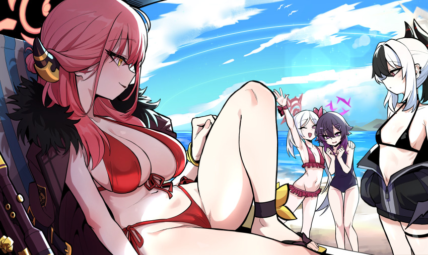 4girls absurdres aru_(blue_archive) beach bikini black_bikini black_hair black_horns black_jacket blue_archive blue_sky breasts brown_coat cloud coat coat_on_shoulders commentary_request day demon_horns grey_halo hair_between_eyes hair_ornament hairclip halo haruka_(blue_archive) highres horns jacket kayoko_(blue_archive) korean_commentary large_breasts long_hair multicolored_hair multiple_girls mutsuki_(blue_archive) navel ocean one-piece_swimsuit one_eye_closed open_mouth orange_halo outdoors pink_hair pink_halo problem_solver_68_(blue_archive) purple_eyes purple_hair red_bikini red_eyes sand short_hair side_ponytail sky small_breasts stomach sung08ko swimsuit two-tone_hair white_hair yellow_eyes