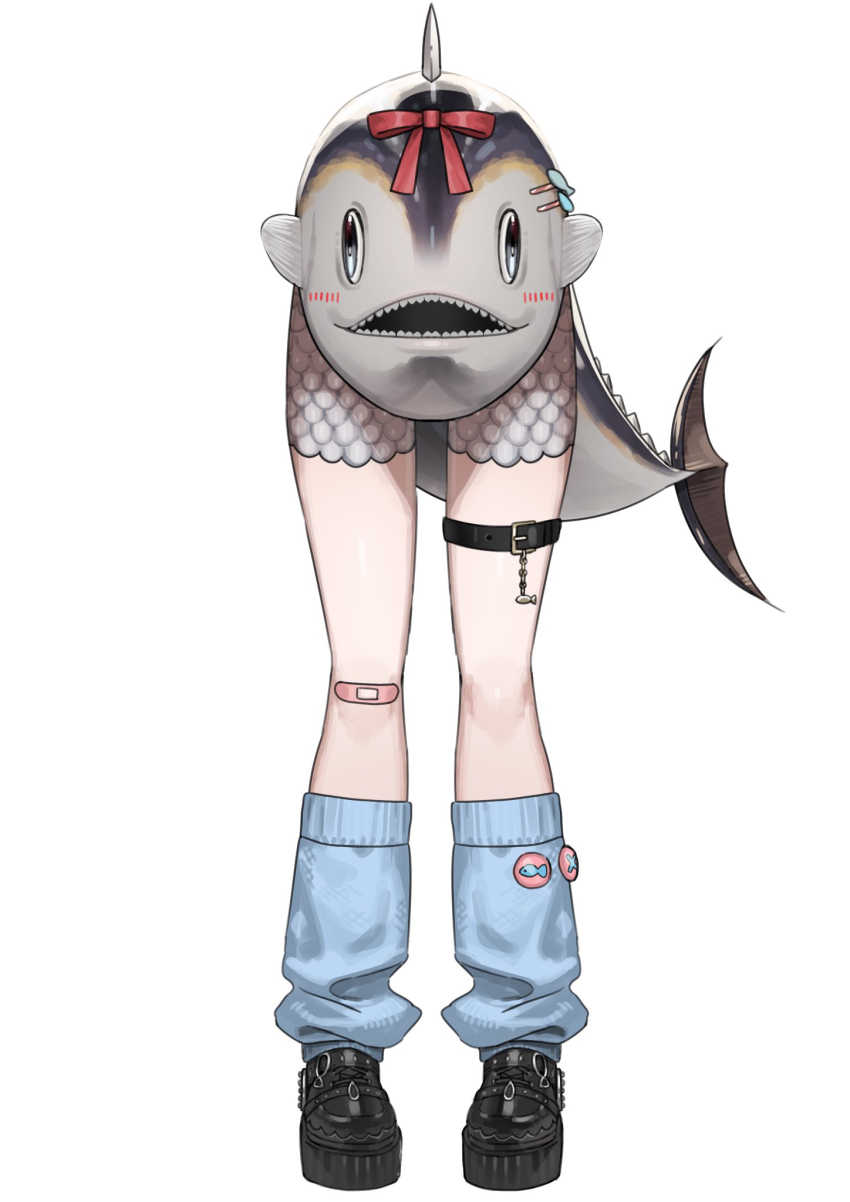 1other april_fools bandaid bandaid_on_knee bandaid_on_leg belt black_shoes blue_socks blush bow character_request commentary_request fish fish_request grey_eyes grey_scales hair_ornament hairclip highres indie_virtual_youtuber looking_at_viewer loose_socks making-of_available personification red_bow reverse_mermaid scales sharp_teeth shoes simple_background smile socks solo standing straight-on teeth thigh_belt thigh_strap virtual_youtuber wanko_sora what white_background