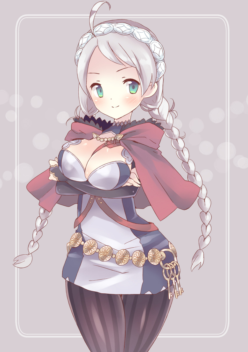 1girl absurdres ahoge arms_under_breasts black_bridal_gauntlets black_pantyhose blue_eyes braid breasts bridal_gauntlets capelet cleavage commission commissioner_upload crossed_arms fire_emblem fire_emblem_fates grey_hair hairband harness highres hood hooded_capelet keyring large_breasts long_hair looking_at_viewer low_twin_braids low_twintails nina_(fire_emblem) nintendo non-web_source o-ring o-ring_harness pantyhose parted_bangs red_hood skeb_commission solo striped_clothes striped_pantyhose teu_(navy) twin_braids twintails vertical-striped_clothes vertical-striped_pantyhose