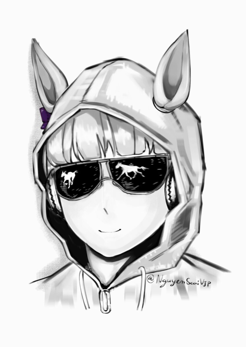 1girl alternate_costume animal_ears blunt_bangs bow closed_mouth commentary cosplay english_commentary gold_ship_(umamusume) greyscale hair_bow highres hood hoodie horse horse_ears horse_girl medium_request monochrome nguyensoai portrait purple_bow reflection reflective_eyewear silhouette simple_background sketch smile solo spot_color sunglasses ted_kaczynski ted_kaczynski_(cosplay) twitter_username umamusume