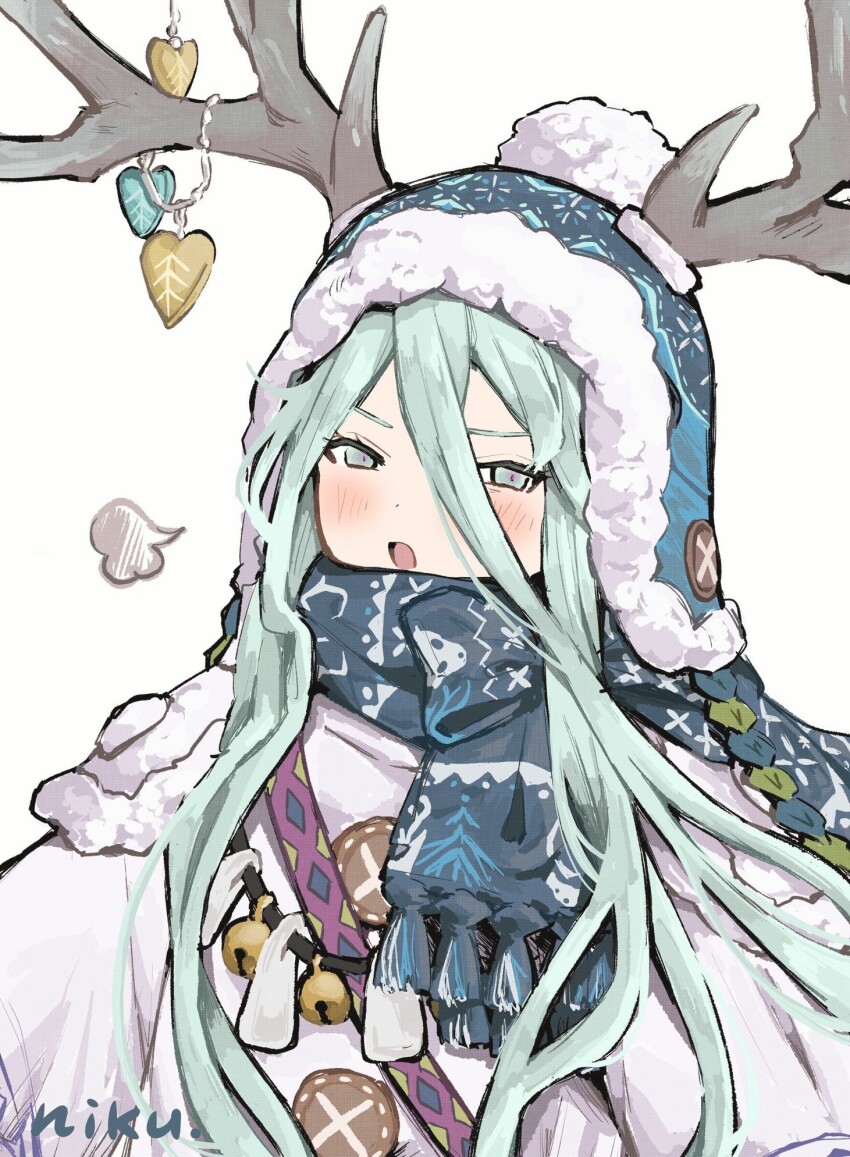 1girl antler_ornament antlers antlers_through_headwear aqua_eyes aqua_hair beanie blue_hat blue_scarf blush fate/grand_order fate_(series) fgo_si hair_between_eyes hat highres horns long_hair looking_at_viewer louhi_(fate) louhi_(second_ascension)_(fate) open_mouth pom_pom_(clothes) pom_pom_beanie scarf simple_background solo sweater upper_body white_background