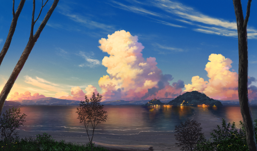 absurdres architecture blue_sky branch cloud cloudy_sky cumulonimbus_cloud dusk east_asian_architecture fireflies grass highres island mountainous_horizon no_humans ocean original pei_(sumurai) scenery sky torii tree water