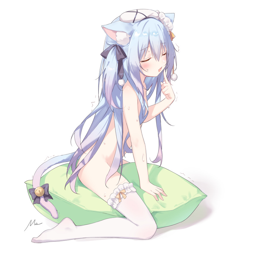 1girl absurdres animal_ear_fluff animal_ears bell black_bow blue_hair bow cat_ears cat_girl cat_tail closed_eyes facing_viewer fang finger_to_mouth frilled_thighhighs frills full_body gradient_hair hair_between_eyes hair_bow hand_up highres jingle_bell long_hair mo_(pixiv9929995) multicolored_hair no_shoes nude one_side_up open_mouth original pillow purple_hair shadow signature simple_background straddling sweat tail tail_bell tail_bow tail_ornament thighhighs trembling very_long_hair white_background white_thighhighs