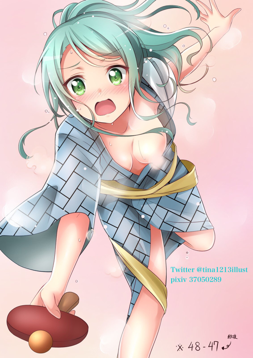 1girl alternate_hairstyle aqua_hair artist_name bang_dream! blush breasts censored censored_nipples convenient_censoring downblouse green_eyes highres hikawa_sayo japanese_clothes kimono long_hair looking_at_viewer medium_breasts no_bra open_mouth paddle ponytail solo table_tennis table_tennis_paddle tina1213 wardrobe_malfunction yukata